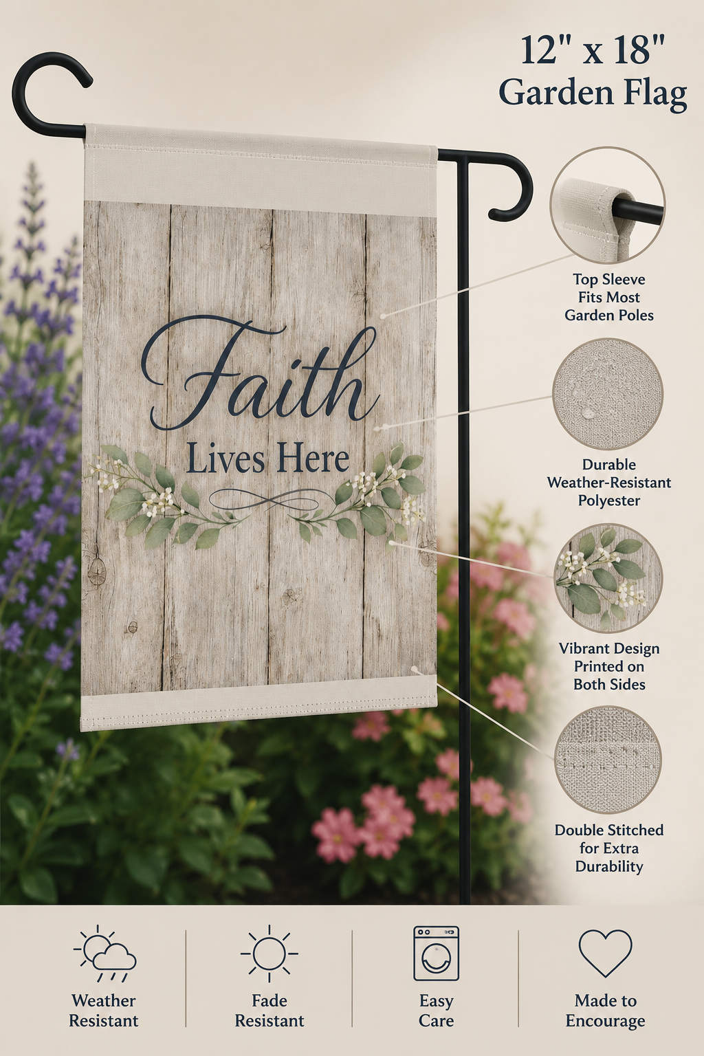 Faith Lives Here Garden Flag | Rustic Farmhouse Christian Yard Decor