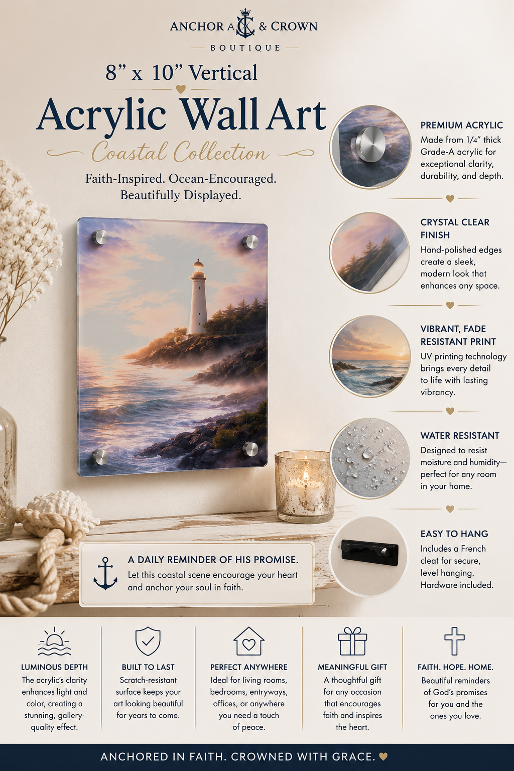 Coastal Lighthouse Acrylic Wall Art Panel | Serene Ocean Seascape Coastal Decor