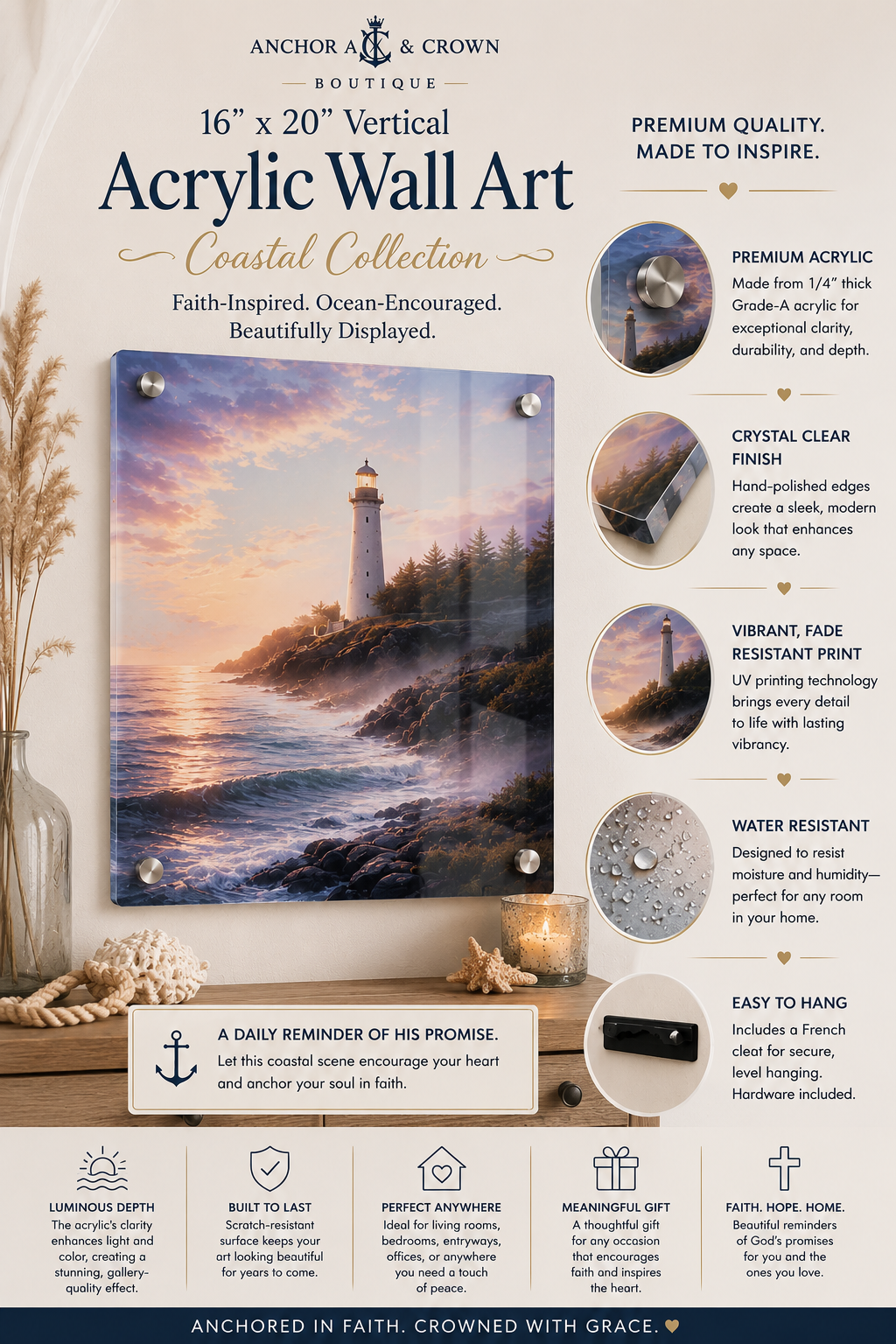 Coastal Lighthouse Acrylic Wall Art Panel | Serene Ocean Seascape Coastal Decor