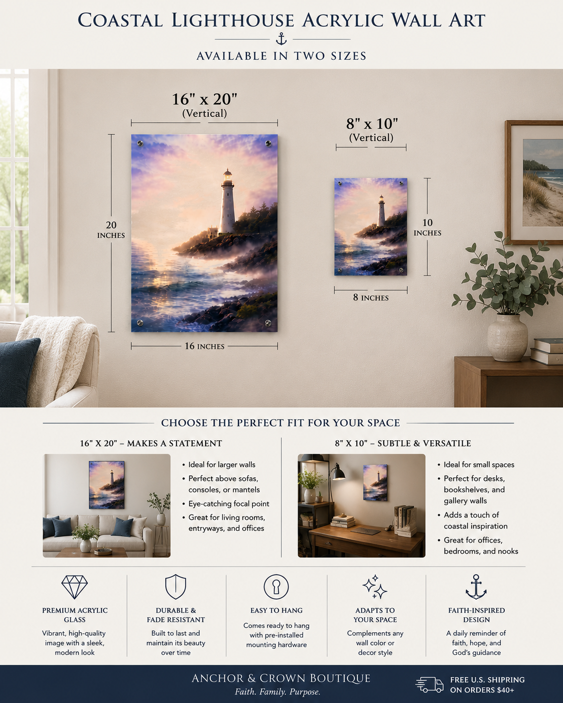Coastal Lighthouse Acrylic Wall Art Panel | Serene Ocean Seascape Coastal Decor