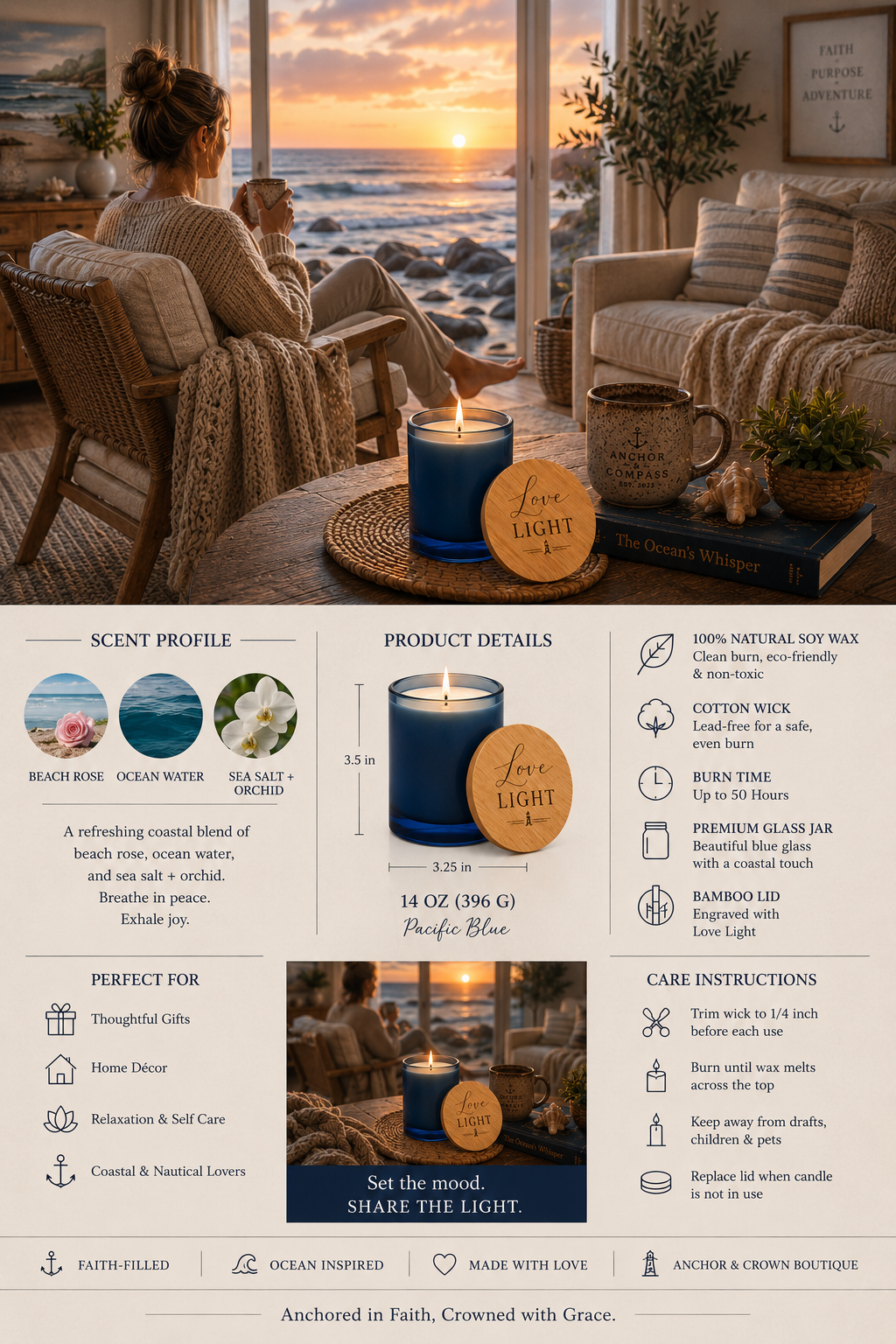 Love & Light™ Soy Candle — 14oz Pacific Blue Glass with Engraved Bamboo Lid