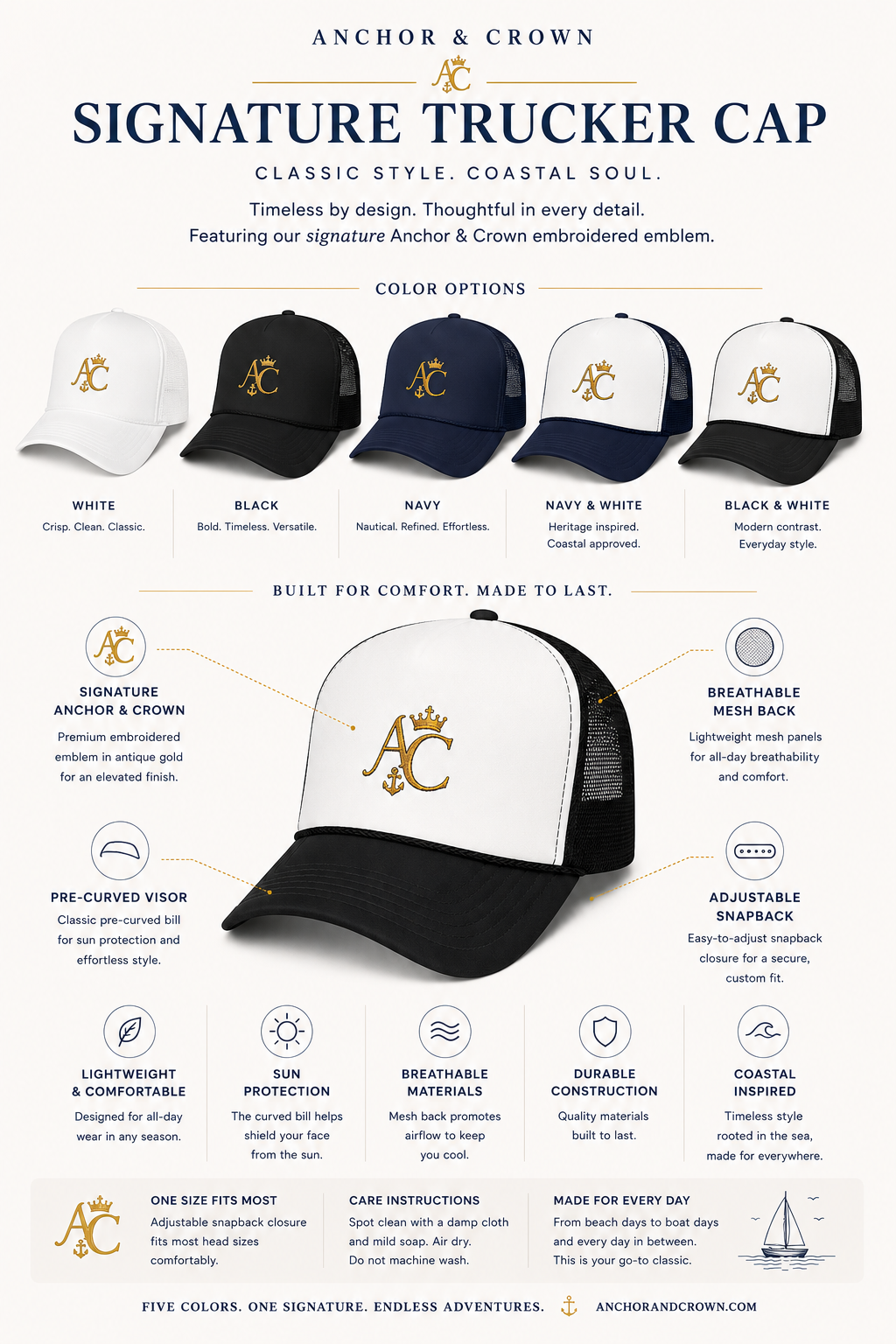 Anchor & Crown™ Signature Trucker Cap | Embroidered Gold Emblem