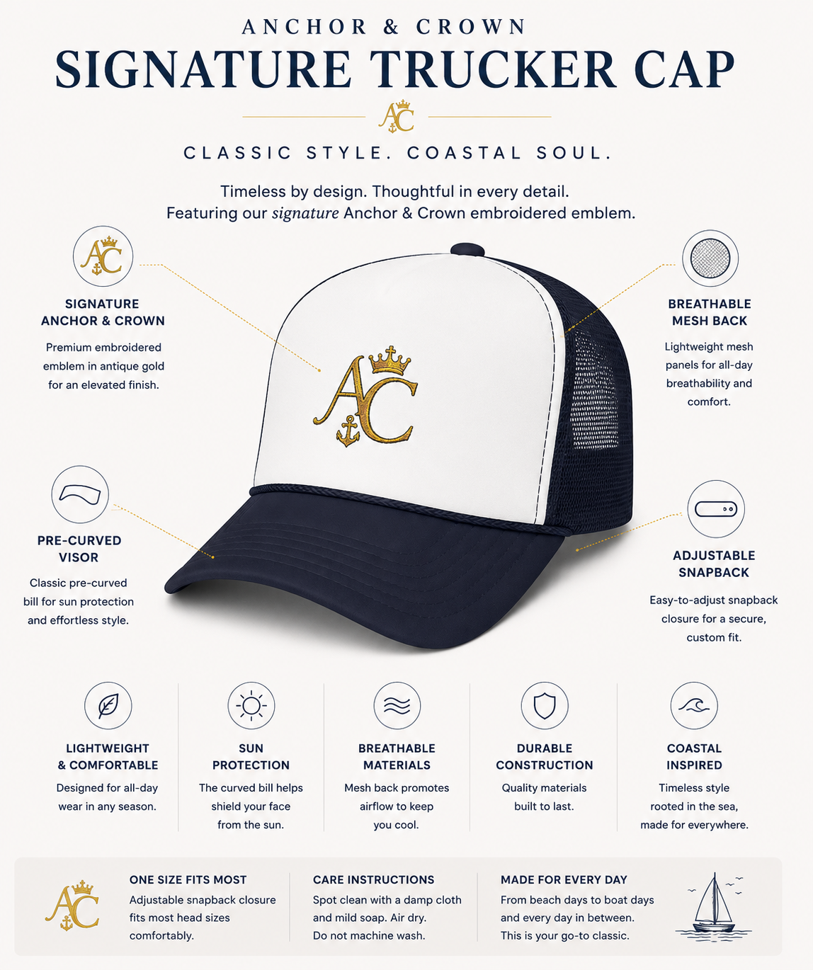 Anchor & Crown™ Signature Trucker Cap | Embroidered Gold Emblem