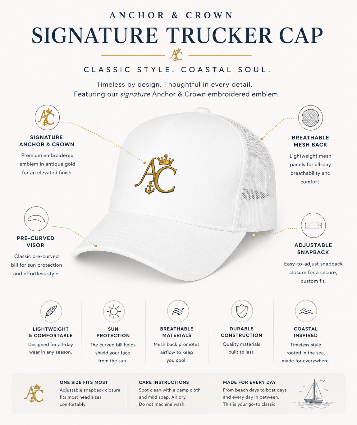 Anchor & Crown™ Signature Trucker Cap | Embroidered Gold Emblem