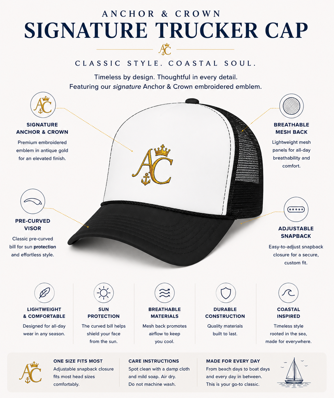 Anchor & Crown™ Signature Trucker Cap | Embroidered Gold Emblem