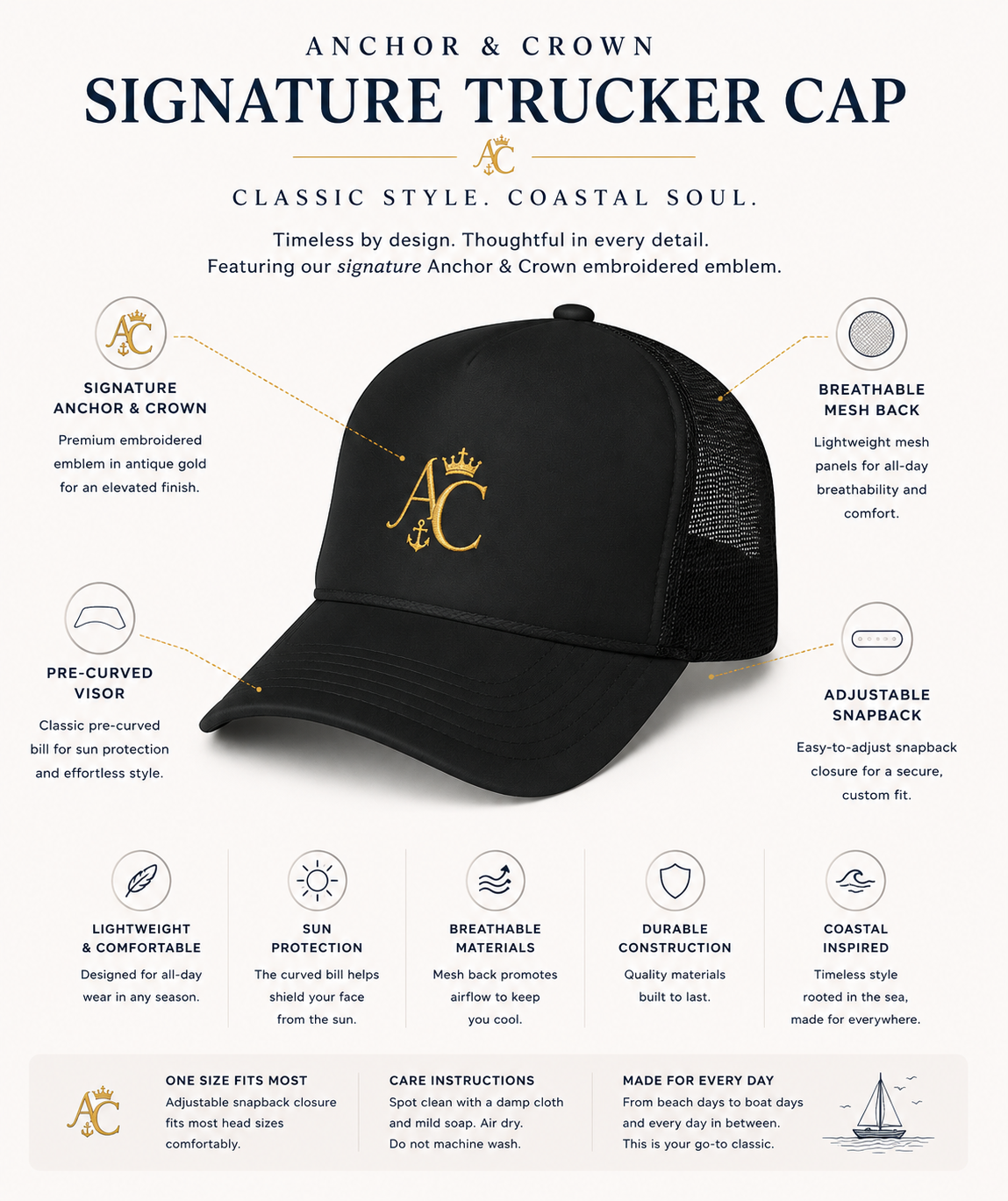Anchor & Crown™ Signature Trucker Cap | Embroidered Gold Emblem