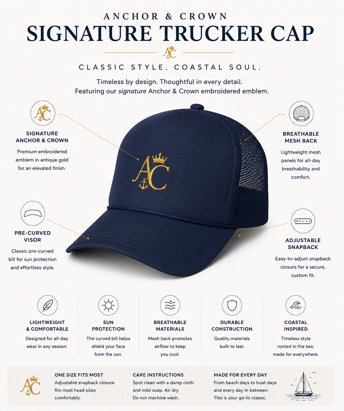 Anchor & Crown™ Signature Trucker Cap | Embroidered Gold Emblem