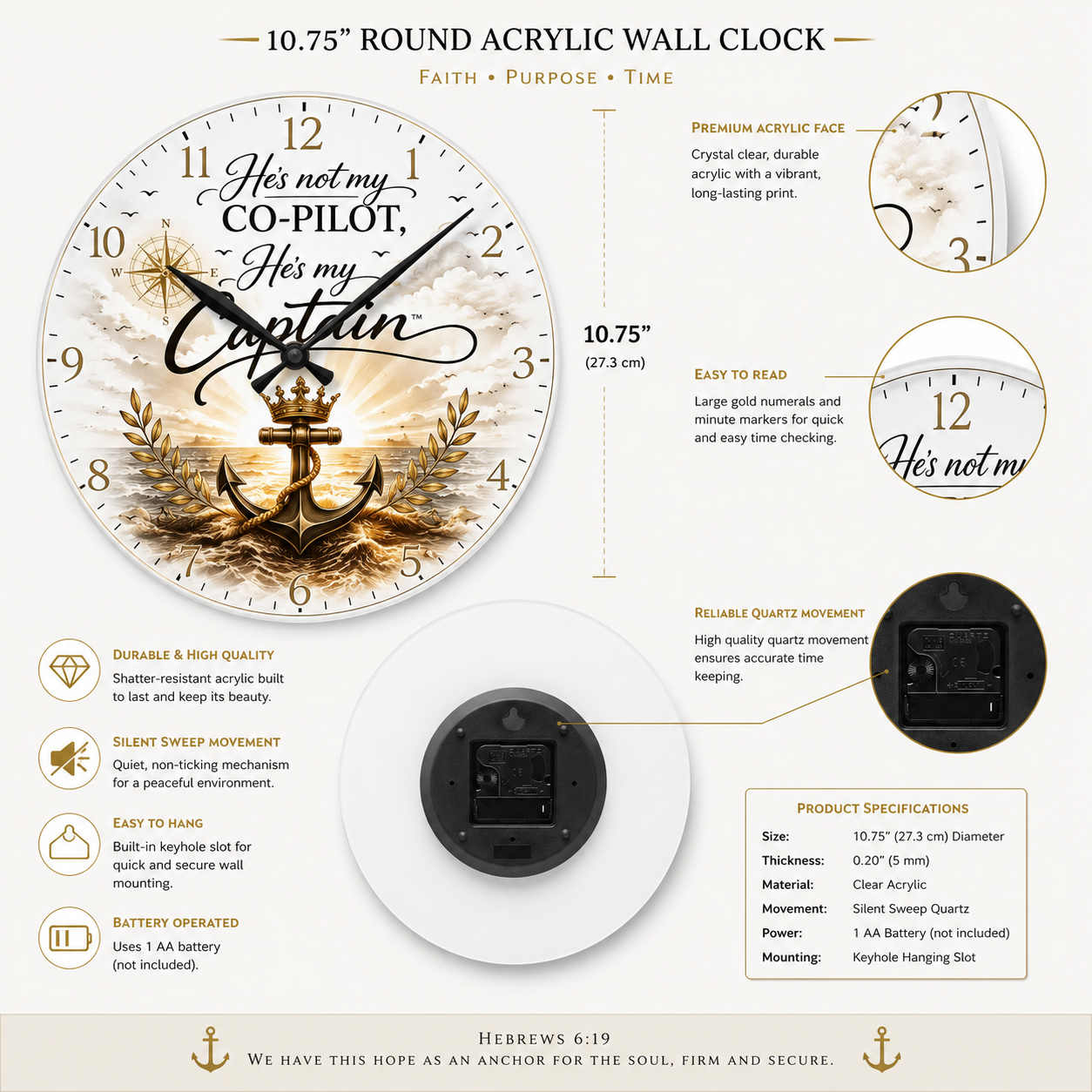 He's Not My Co-Pilot, He's My Captain™ Acrylic Wall Clock