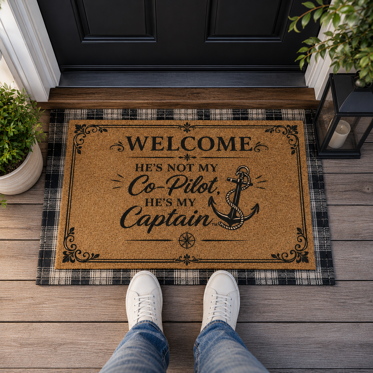 Welcome: He's Not My Co-Pilot, He's My Captain™ Nautical Anchor Coir Doormat | Christian Front Door Welcome Mat | Faith Home Décor