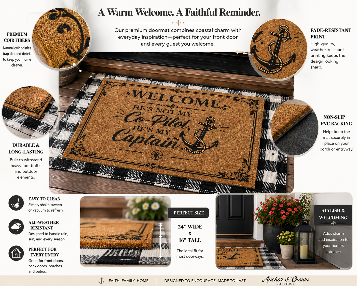 Welcome: He's Not My Co-Pilot, He's My Captain™ Nautical Anchor Coir Doormat | Christian Front Door Welcome Mat | Faith Home Décor