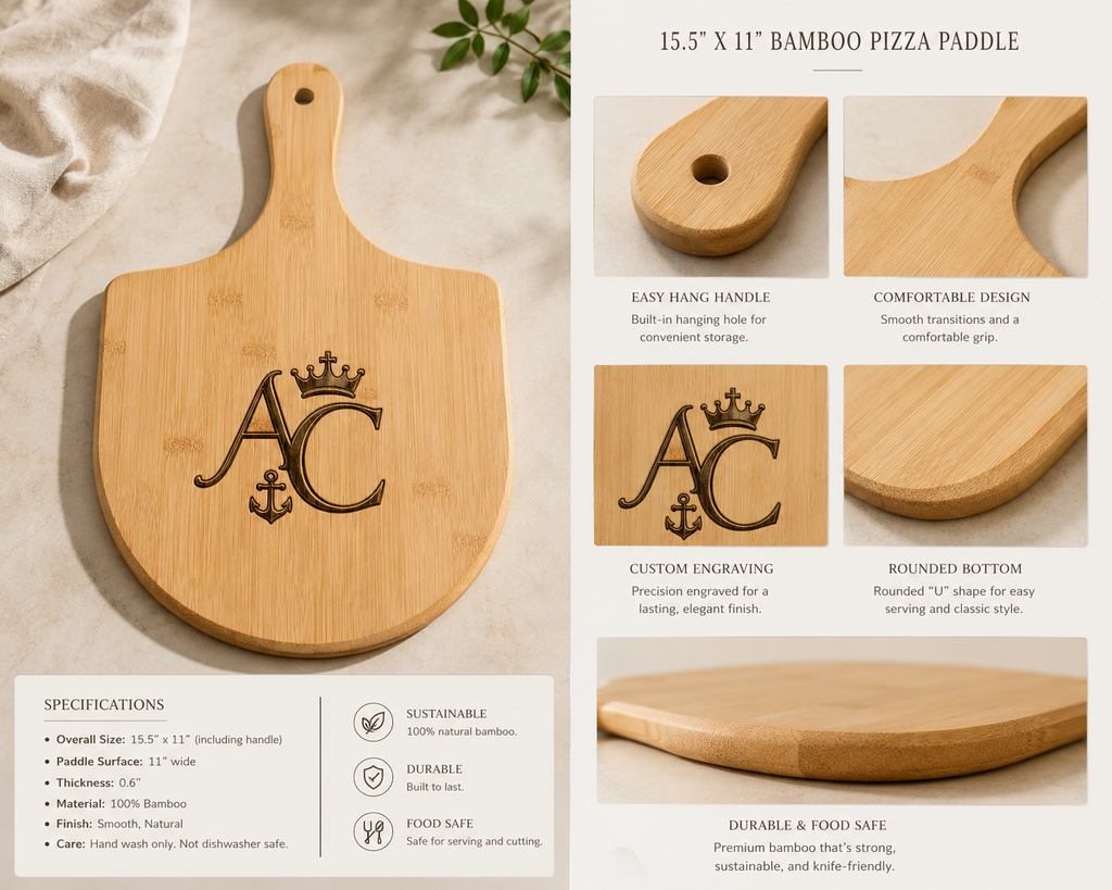 Anchor & Crown™ Engraved Bamboo Pizza Peel | AC Crown & Anchor Monogram | 15.5" x 11" Wooden Pizza Board
