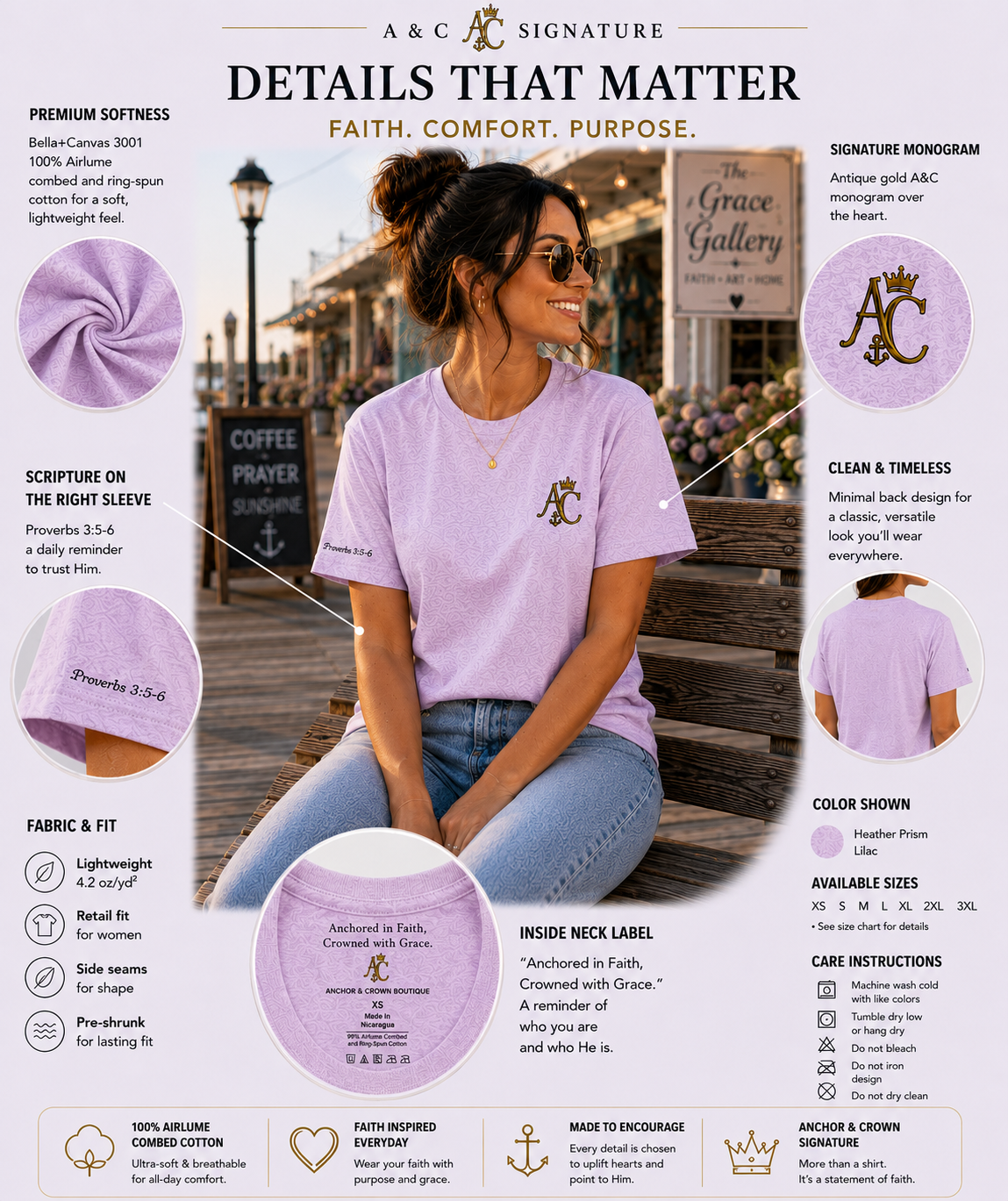 A&C Signature Monogram T-Shirt | Vintage Floral Initial Tee | Christian Women's Bella+Canvas 3001 Shirt | Faith Boutique Apparel