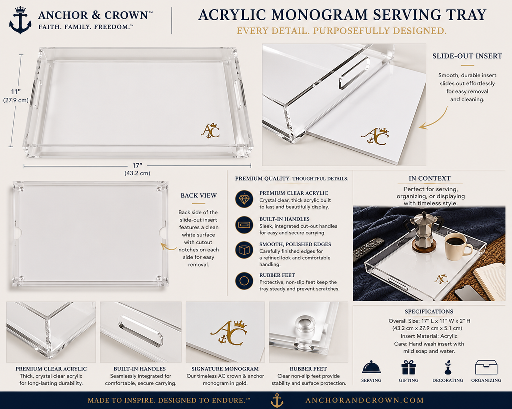 Anchor & Crown™ Signature Acrylic Serving Tray | 11" × 17" Monogram Coffee & Hospitality Tray