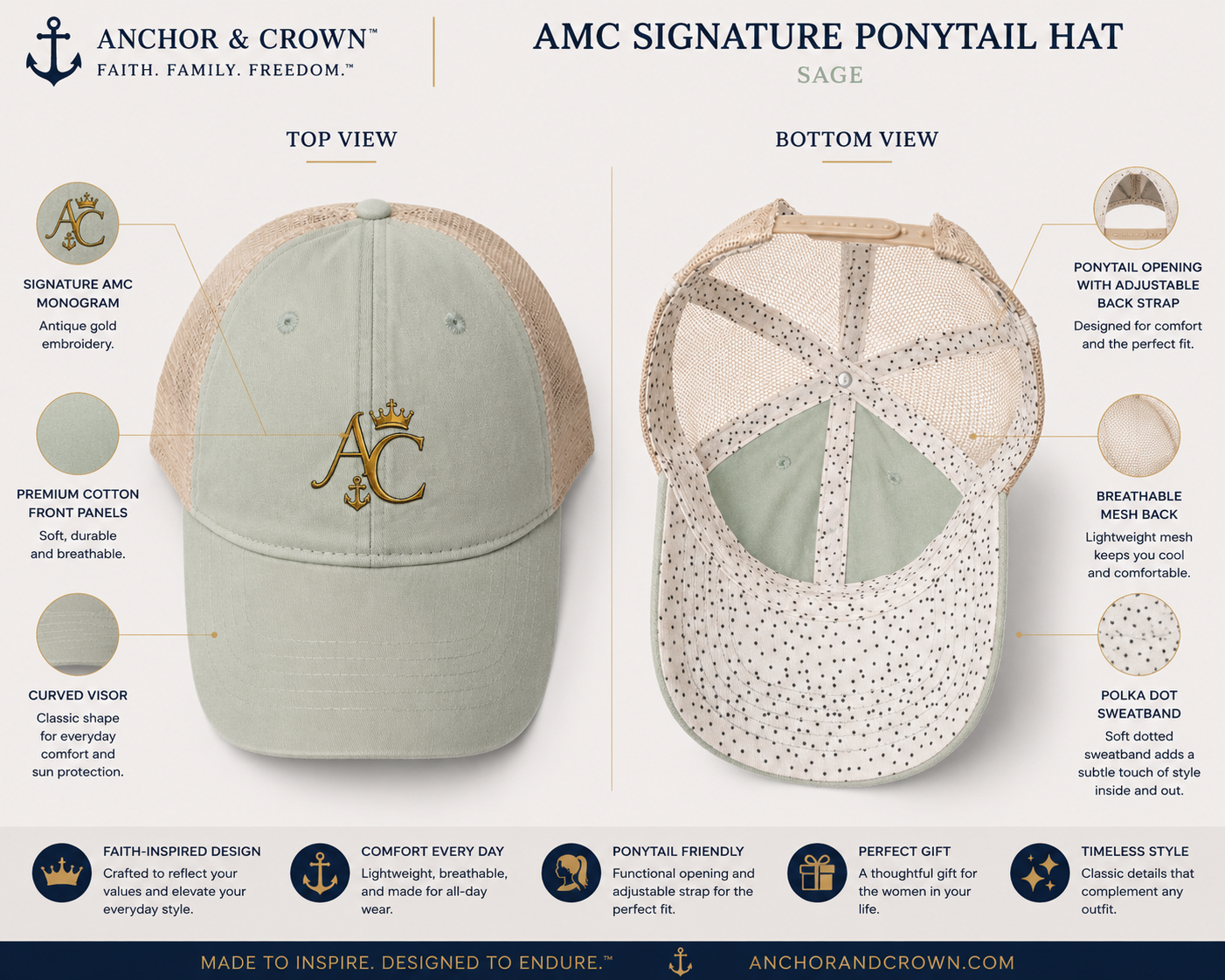 Anchor & Crown™ Women's Ponytail Hat | Faith-Inspired Mesh Back Cap