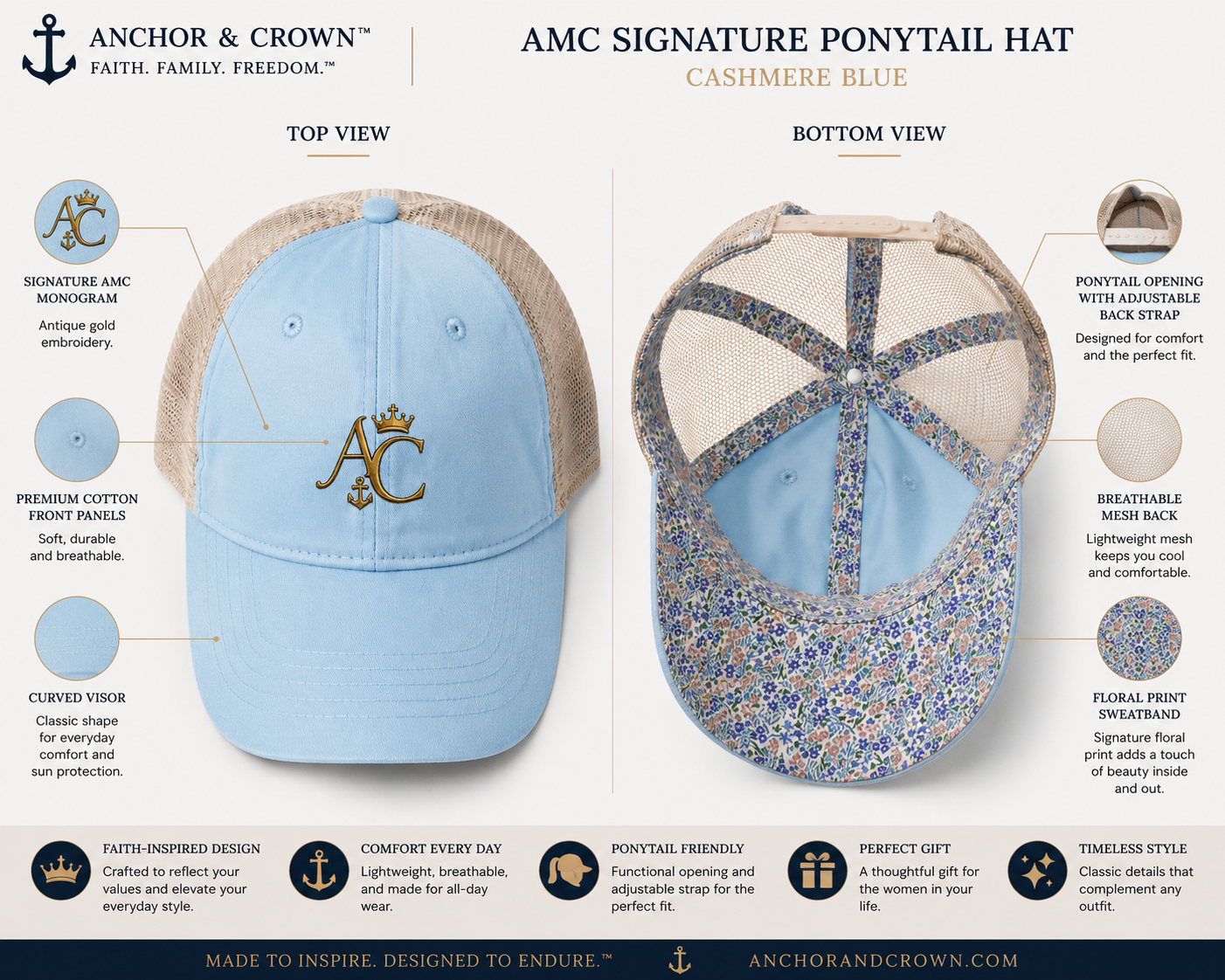 Anchor & Crown™ Women's Ponytail Hat | Faith-Inspired Mesh Back Cap