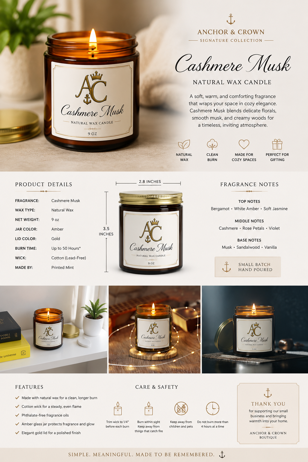 Anchor & Crown™ Signature Cashmere Musk Natural Wax Candle | 9 oz