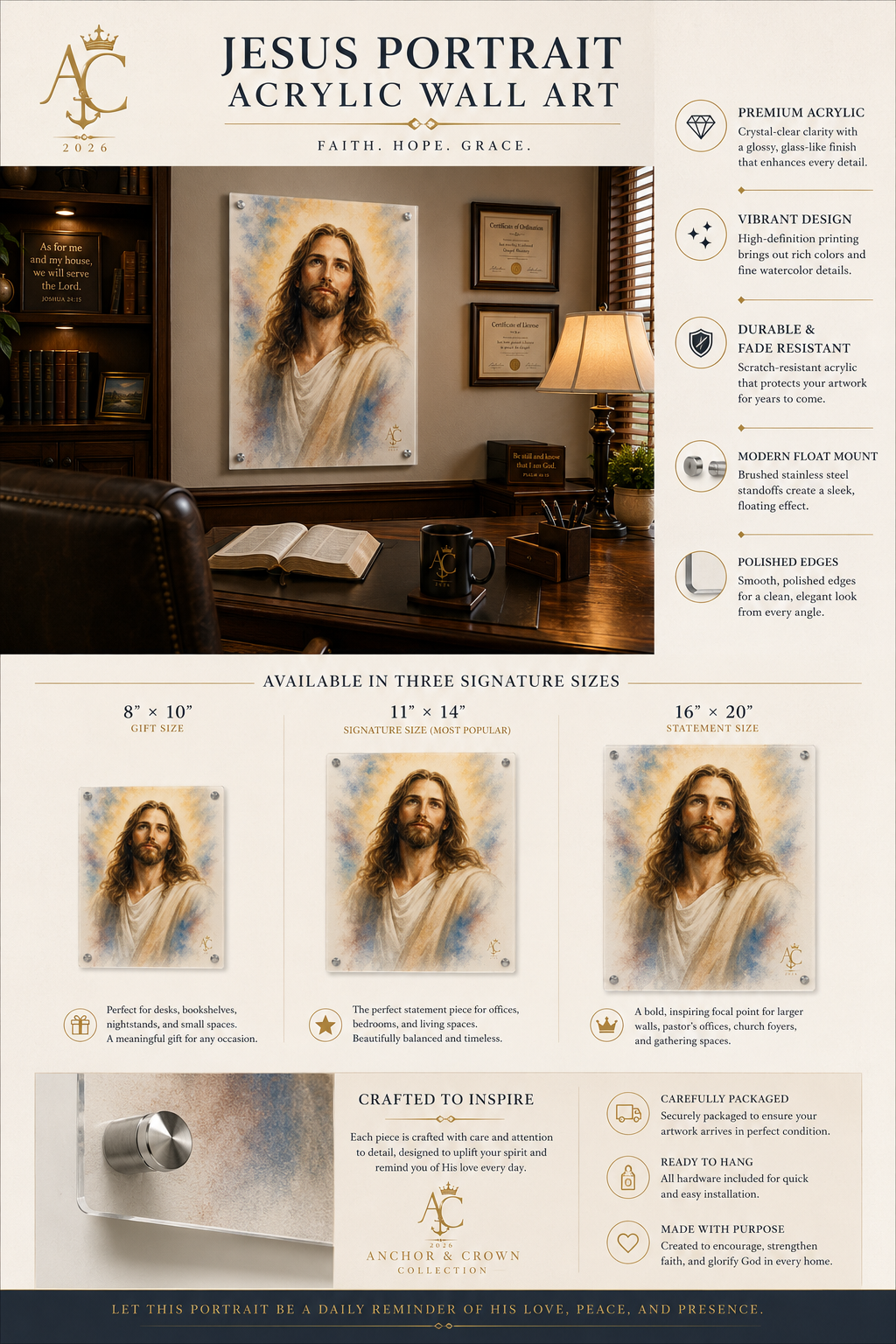 Anchor & Crown™ Watercolor Jesus Portrait Acrylic Wall Art | Christian Wall Decor | Faith-Inspired Home & Prayer Room Art