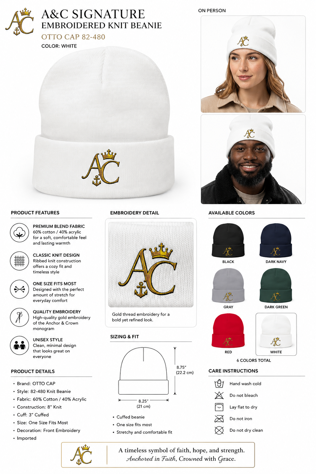 A&C Signature Embroidered Knit Beanie | Unisex Cotton Blend Beanie