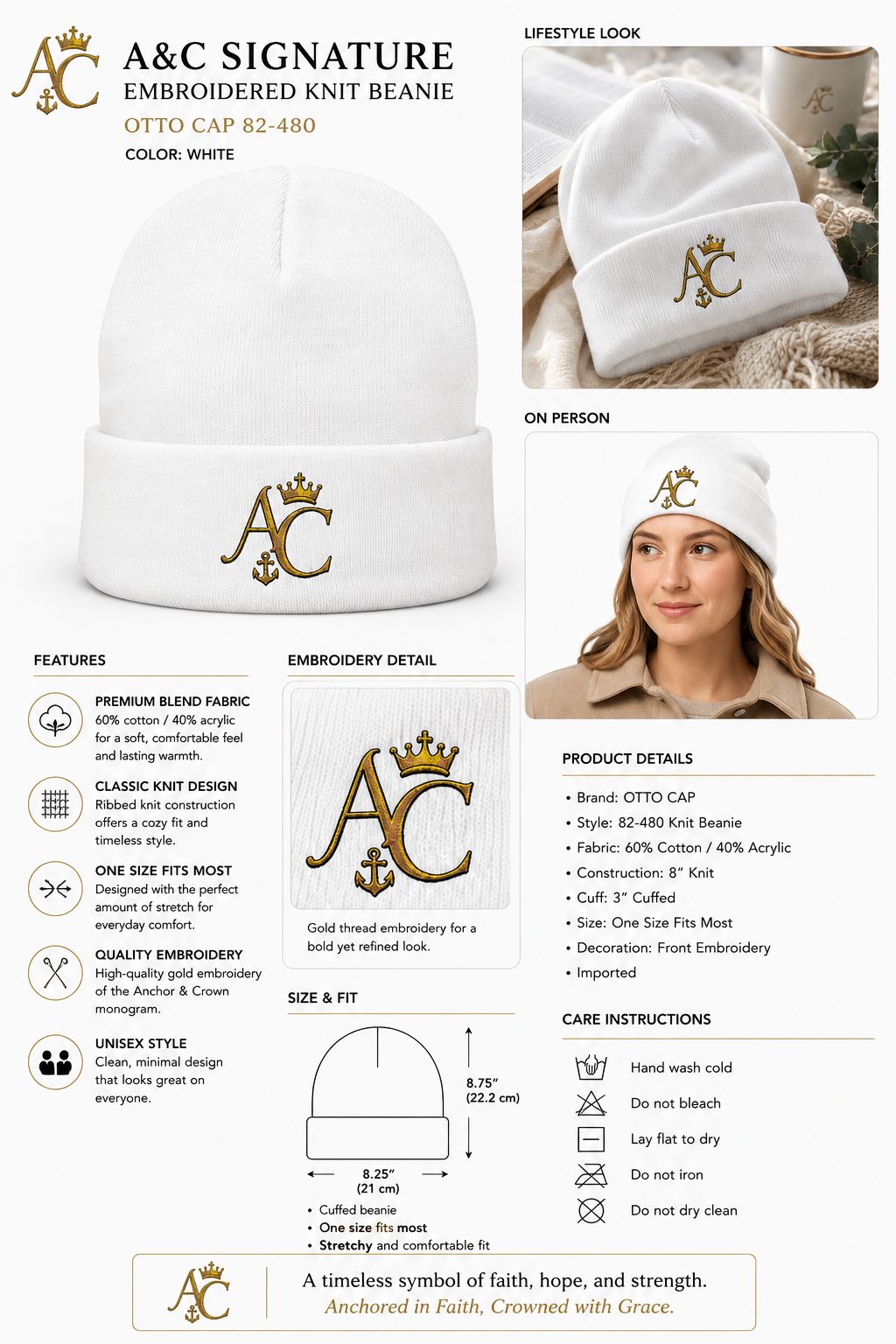 A&C Signature Embroidered Knit Beanie | Unisex Cotton Blend Beanie