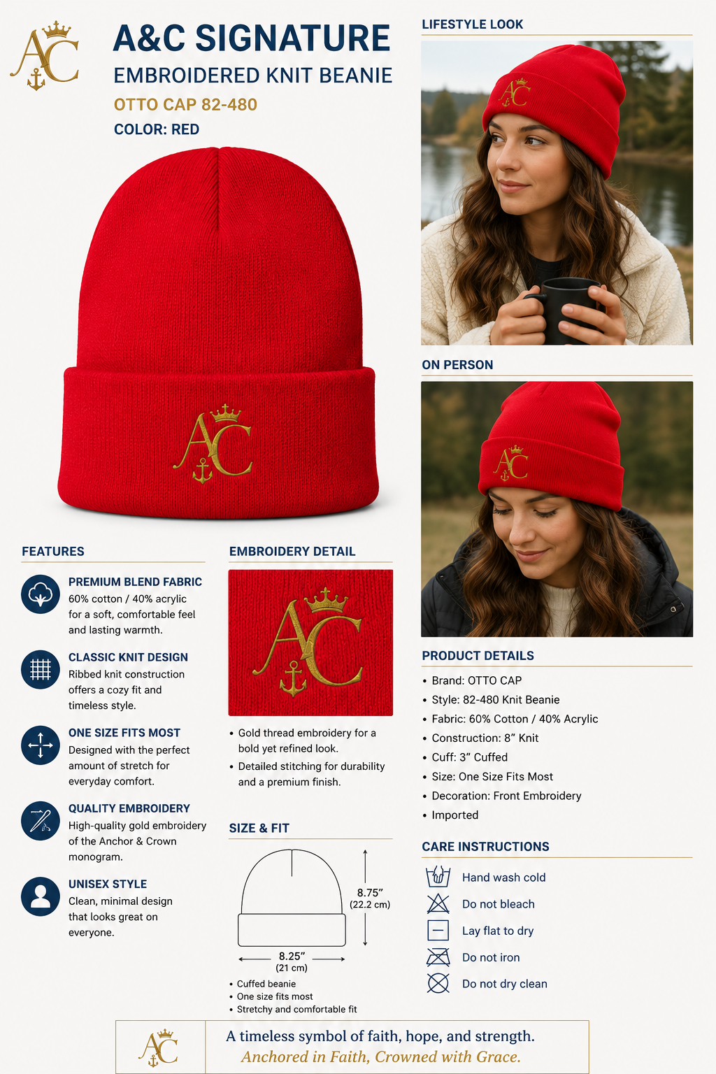 A&C Signature Embroidered Knit Beanie | Unisex Cotton Blend Beanie