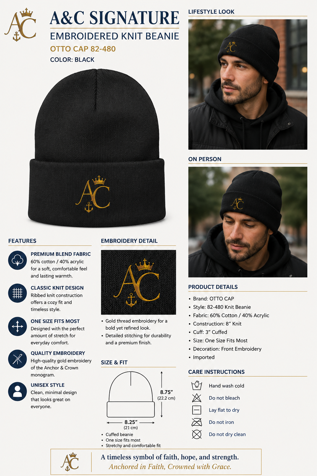 A&C Signature Embroidered Knit Beanie | Unisex Cotton Blend Beanie