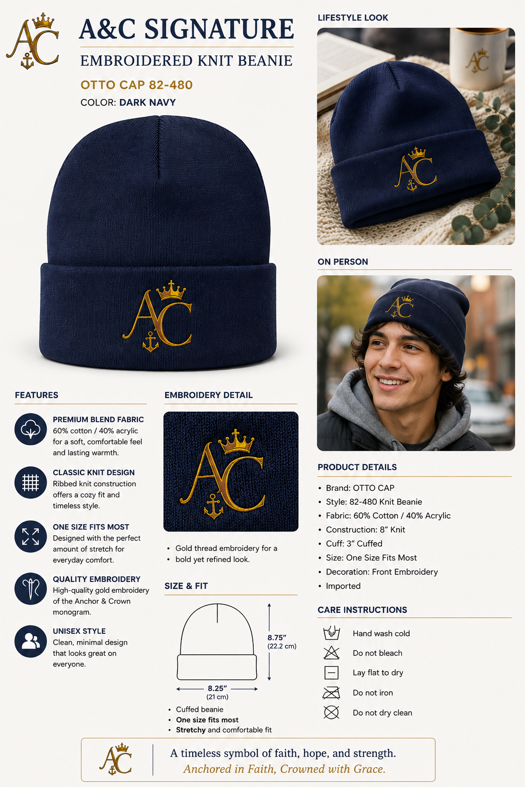 A&C Signature Embroidered Knit Beanie | Unisex Cotton Blend Beanie