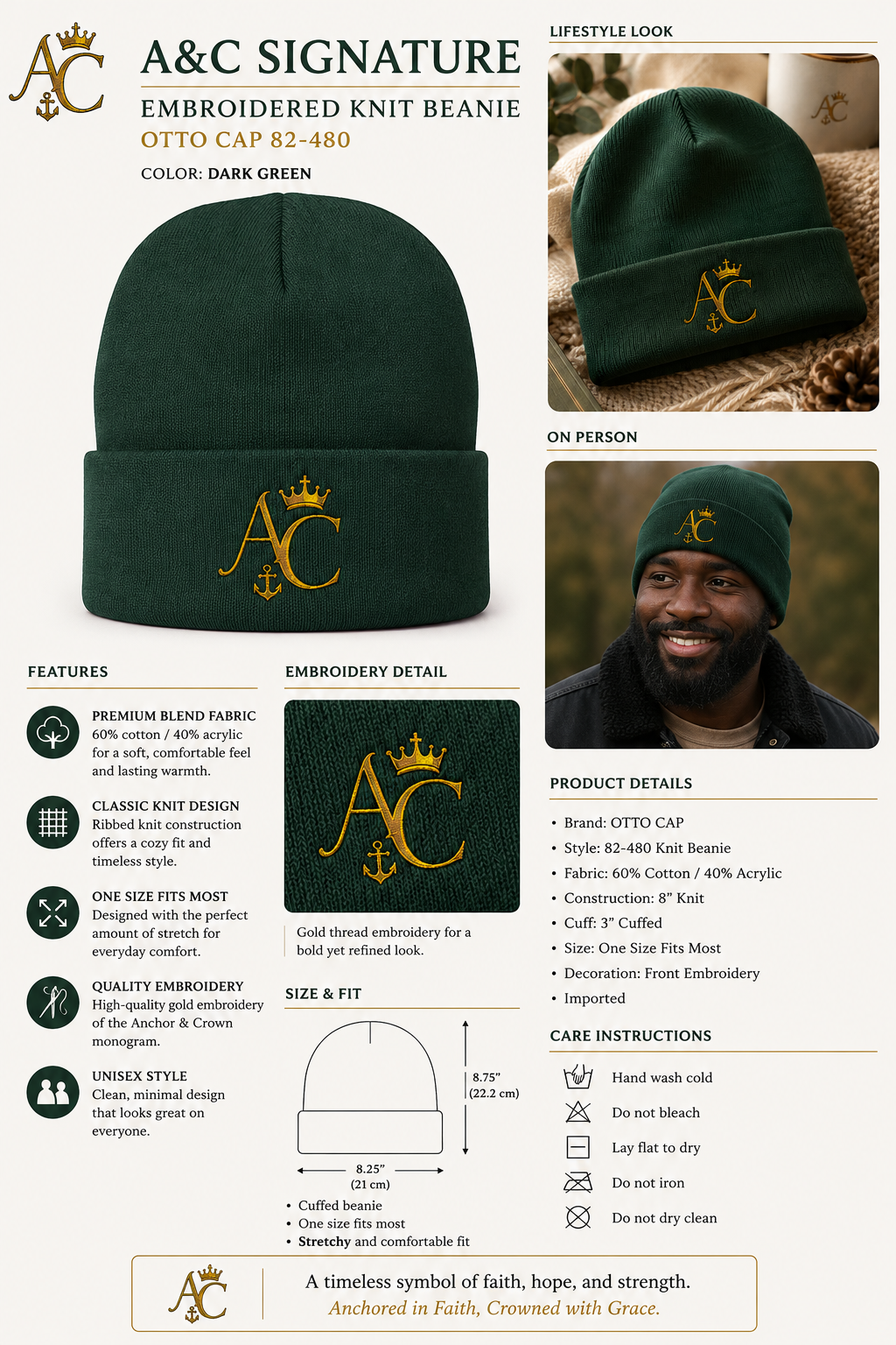 A&C Signature Embroidered Knit Beanie | Unisex Cotton Blend Beanie