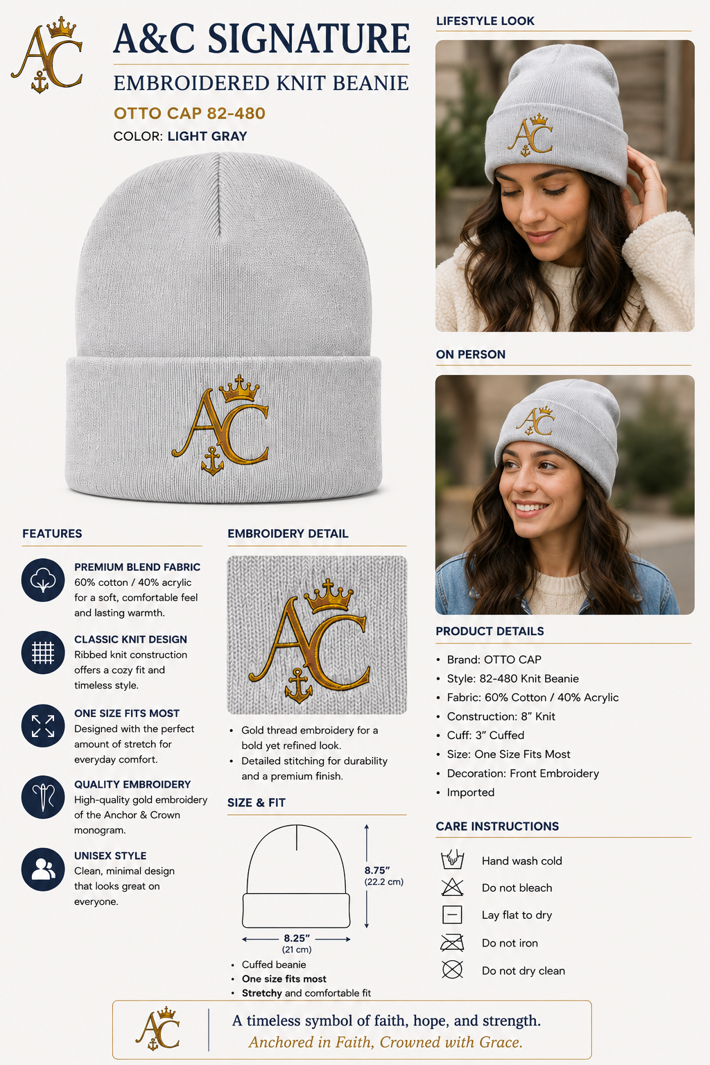 A&C Signature Embroidered Knit Beanie | Unisex Cotton Blend Beanie