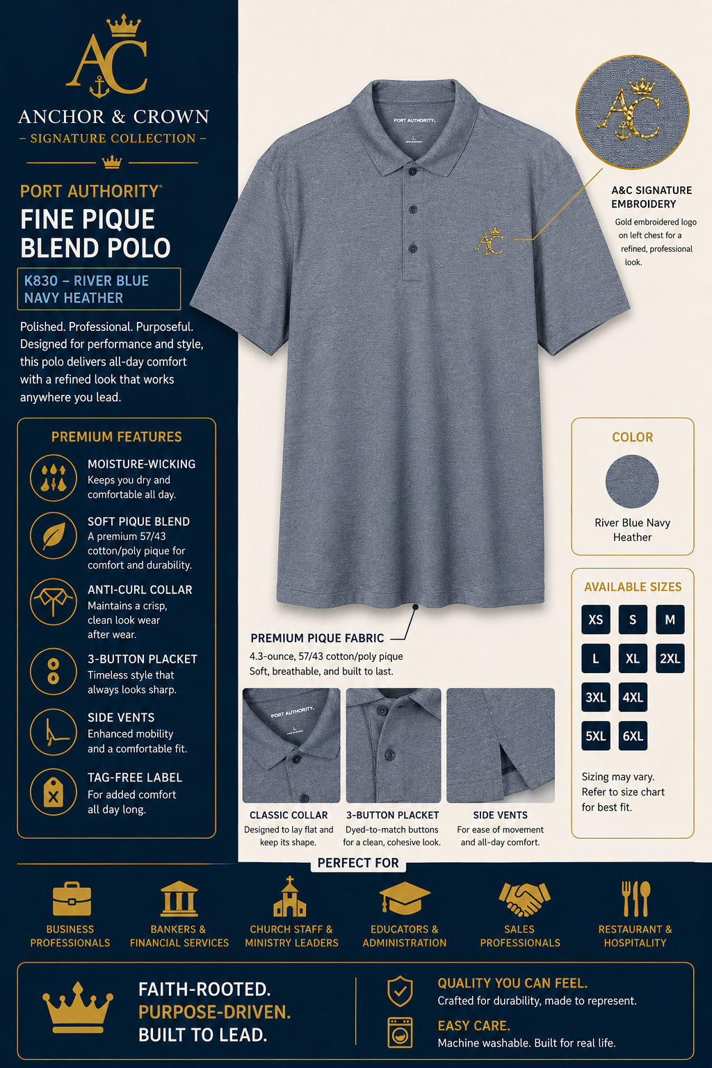 A&C Signature Gold-Embroidered Fine Pique Polo | Port Authority® K830