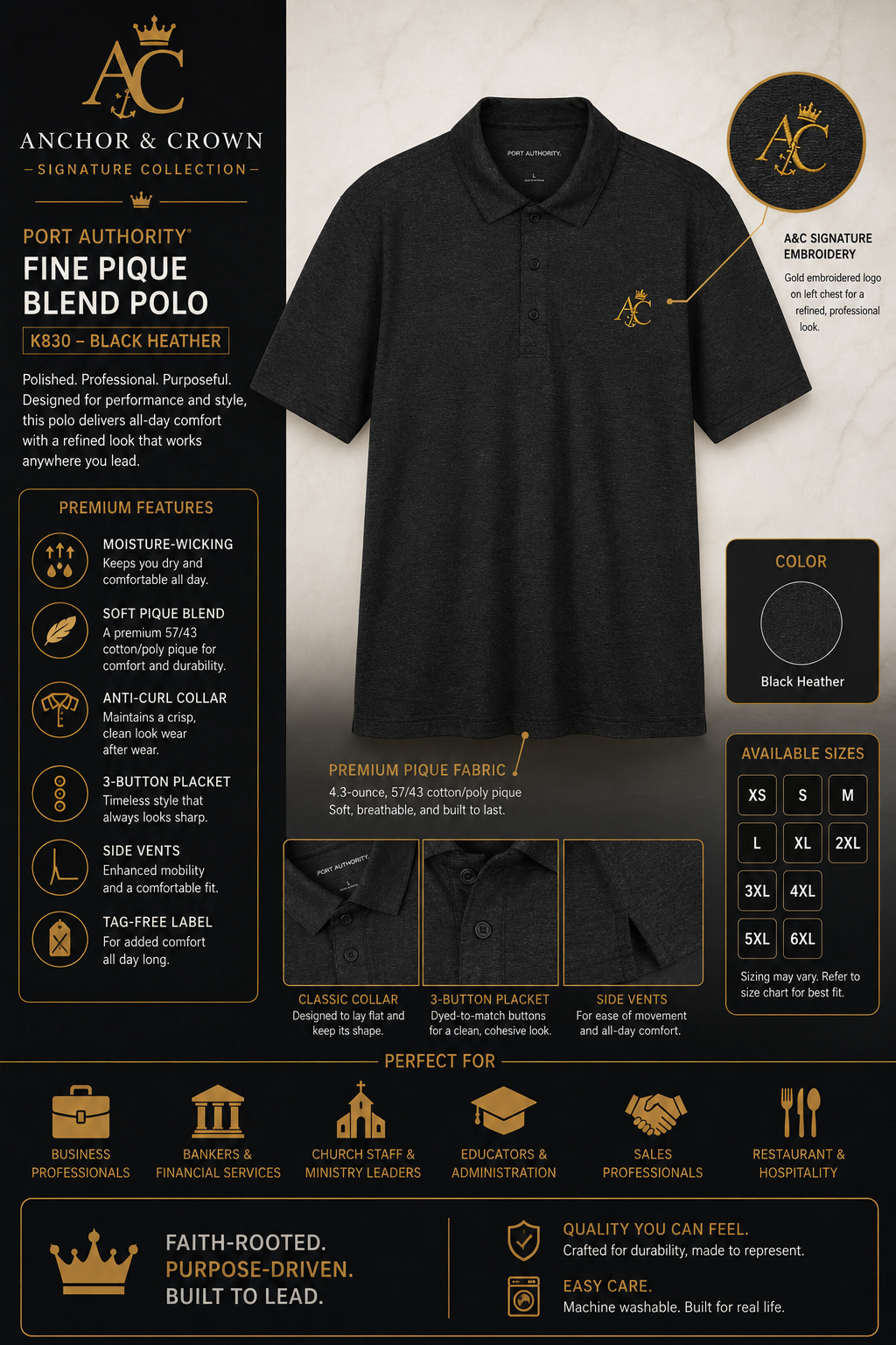 A&C Signature Gold-Embroidered Fine Pique Polo | Port Authority® K830