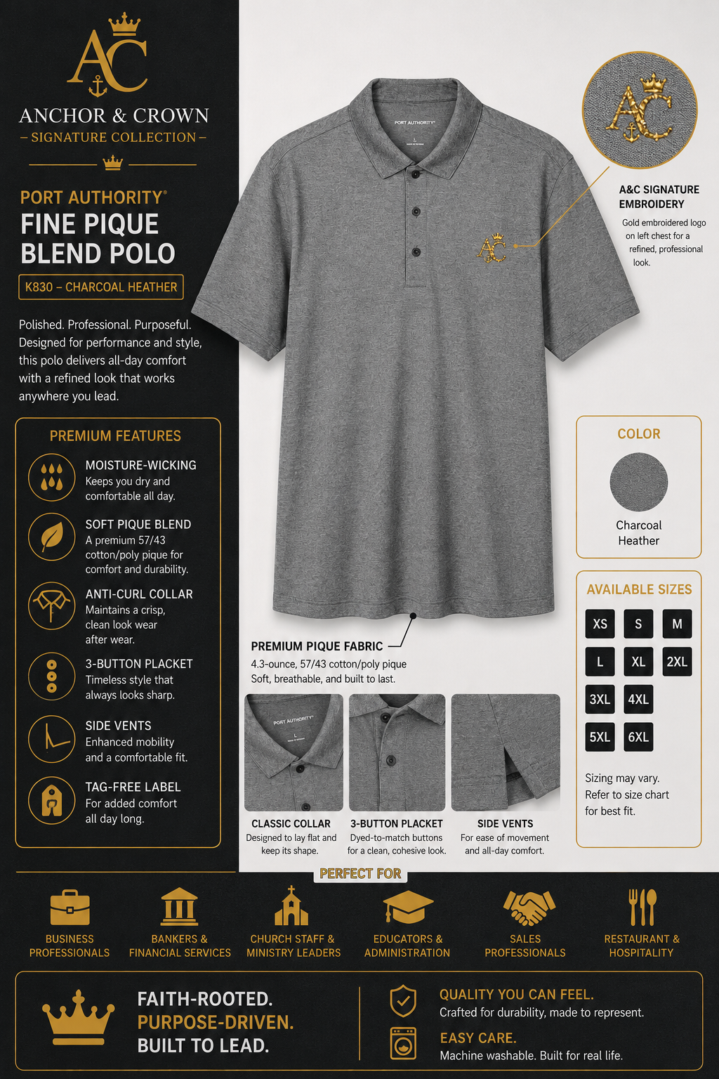 A&C Signature Gold-Embroidered Fine Pique Polo | Port Authority® K830