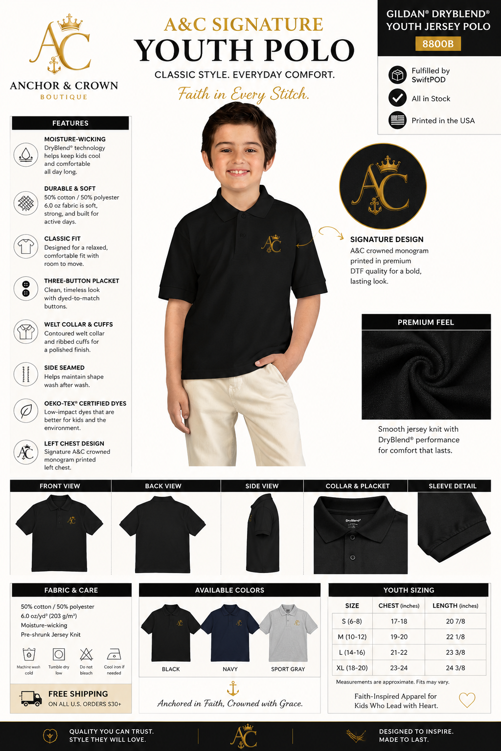 A&C Signature Youth Polo | Kids DryBlend® School & Everyday Polo