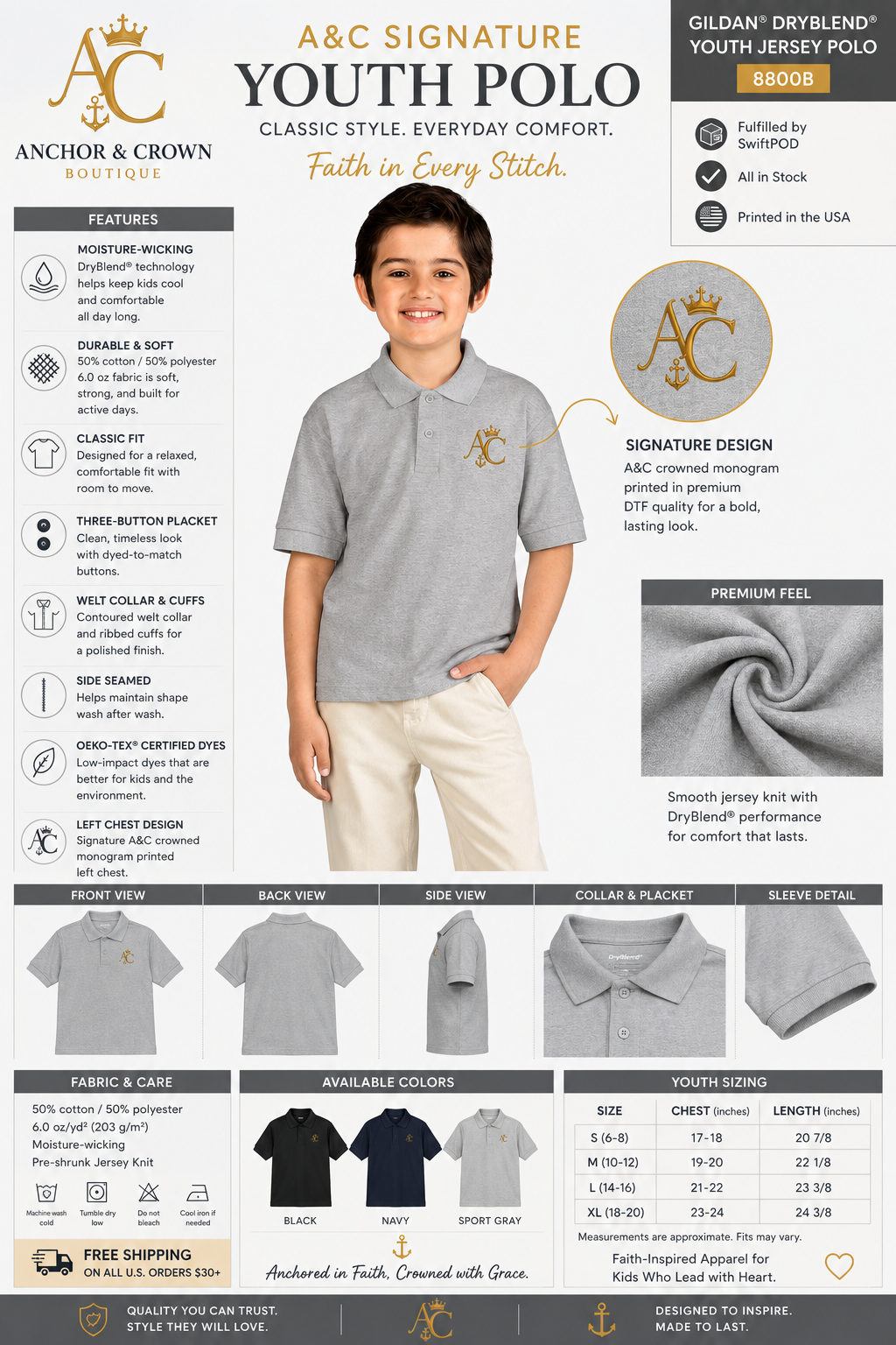 A&C Signature Youth Polo | Kids DryBlend® School & Everyday Polo