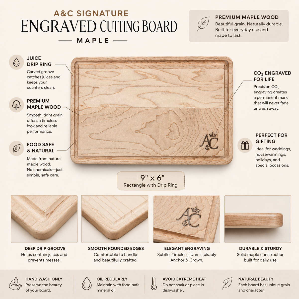 A&C Signature Engraved Cutting Board | Walnut & Maple Wood