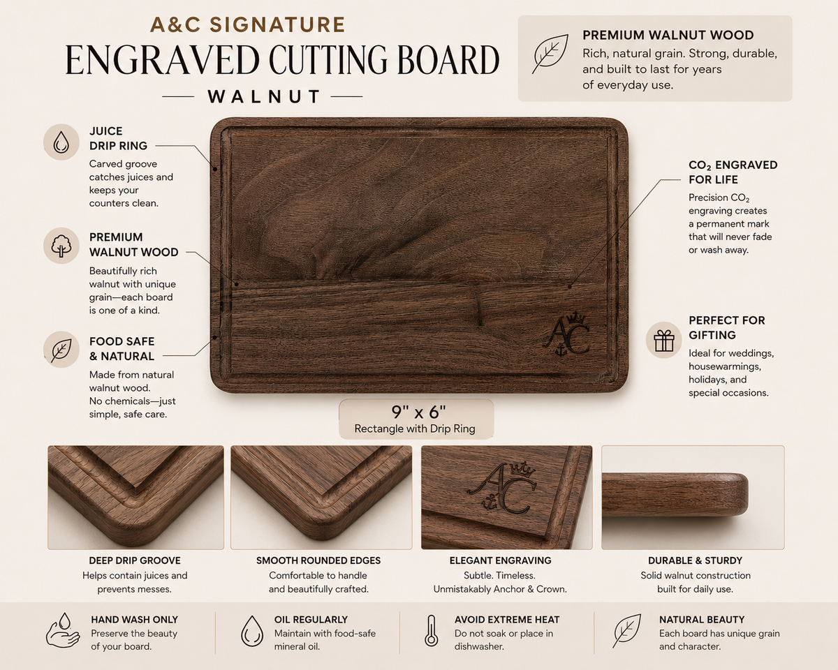 A&C Signature Engraved Cutting Board | Walnut & Maple Wood