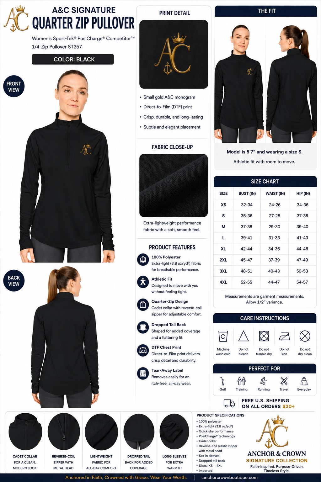A&C Signature Women’s Gold Monogram Performance Quarter-Zip Pullover