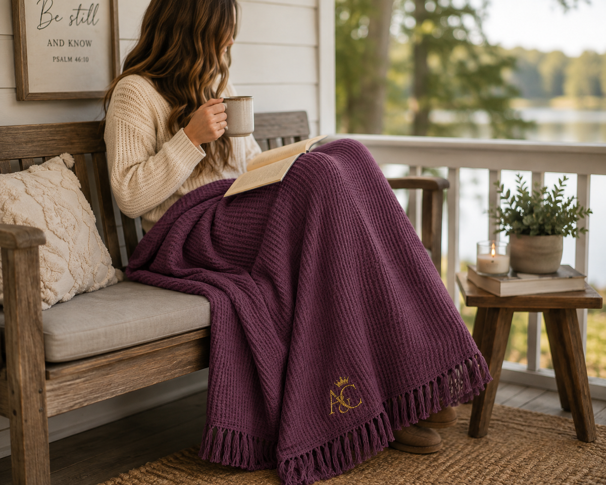 A&C Signature Cotton Waffle Throw — Embroidered 100% Cotton Fringe Blanket