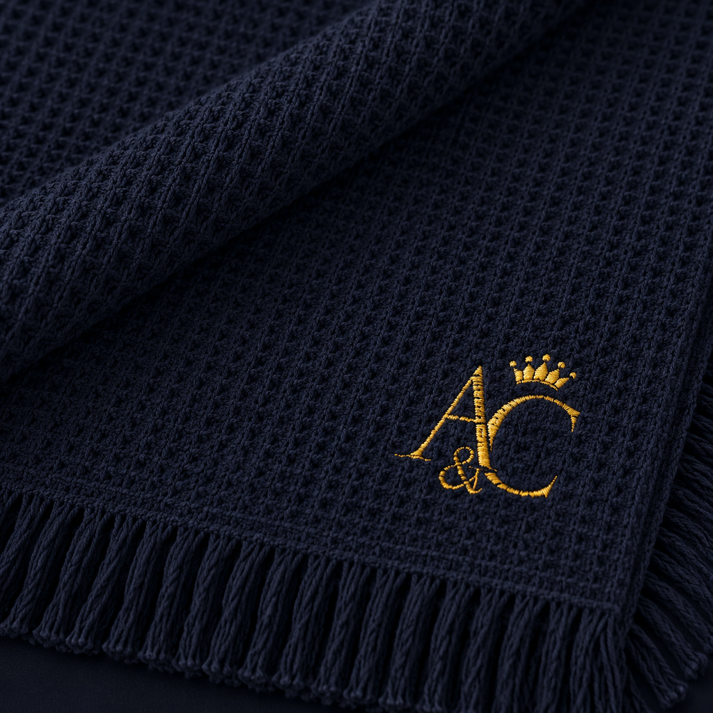 A&C Signature Cotton Waffle Throw — Embroidered 100% Cotton Fringe Blanket