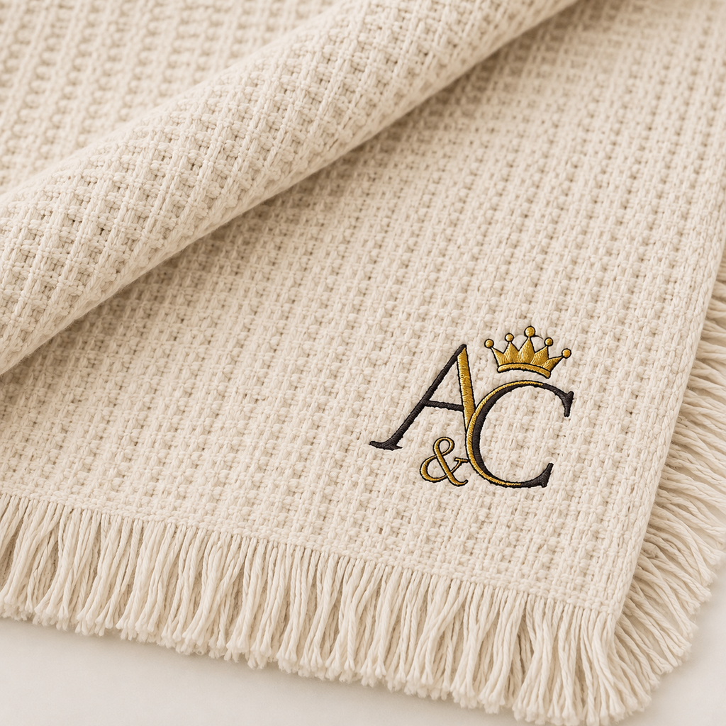 A&C Signature Cotton Waffle Throw — Embroidered 100% Cotton Fringe Blanket