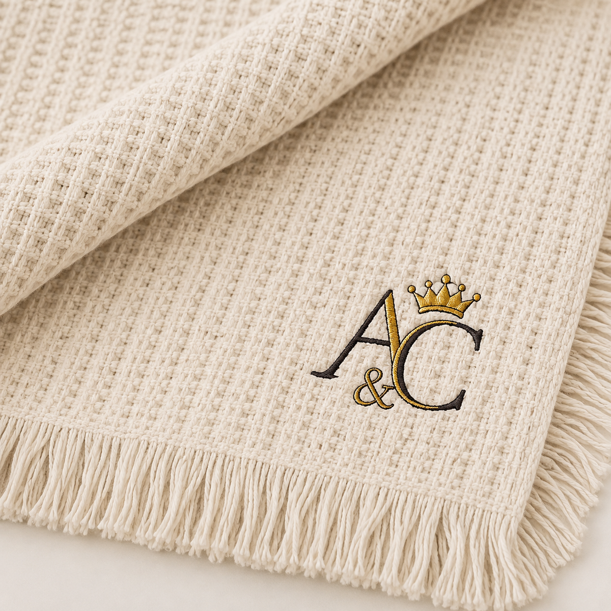 A&C Signature Cotton Waffle Throw — Embroidered 100% Cotton Fringe Blanket