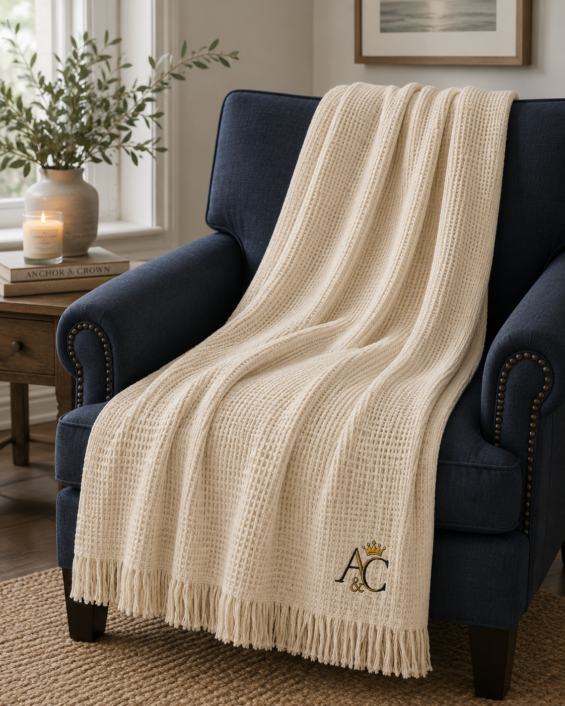 A&C Signature Cotton Waffle Throw — Embroidered 100% Cotton Fringe Blanket