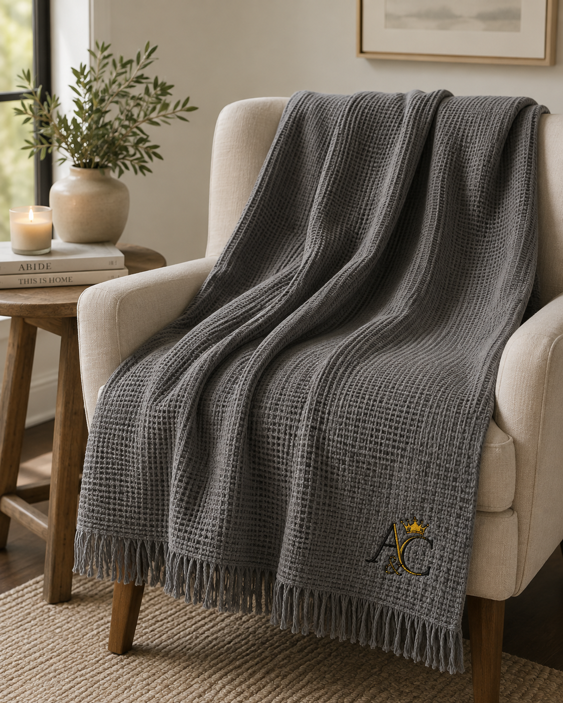 A&C Signature Cotton Waffle Throw — Embroidered 100% Cotton Fringe Blanket