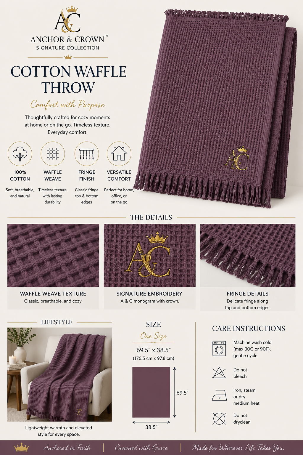 A&C Signature Cotton Waffle Throw — Embroidered 100% Cotton Fringe Blanket