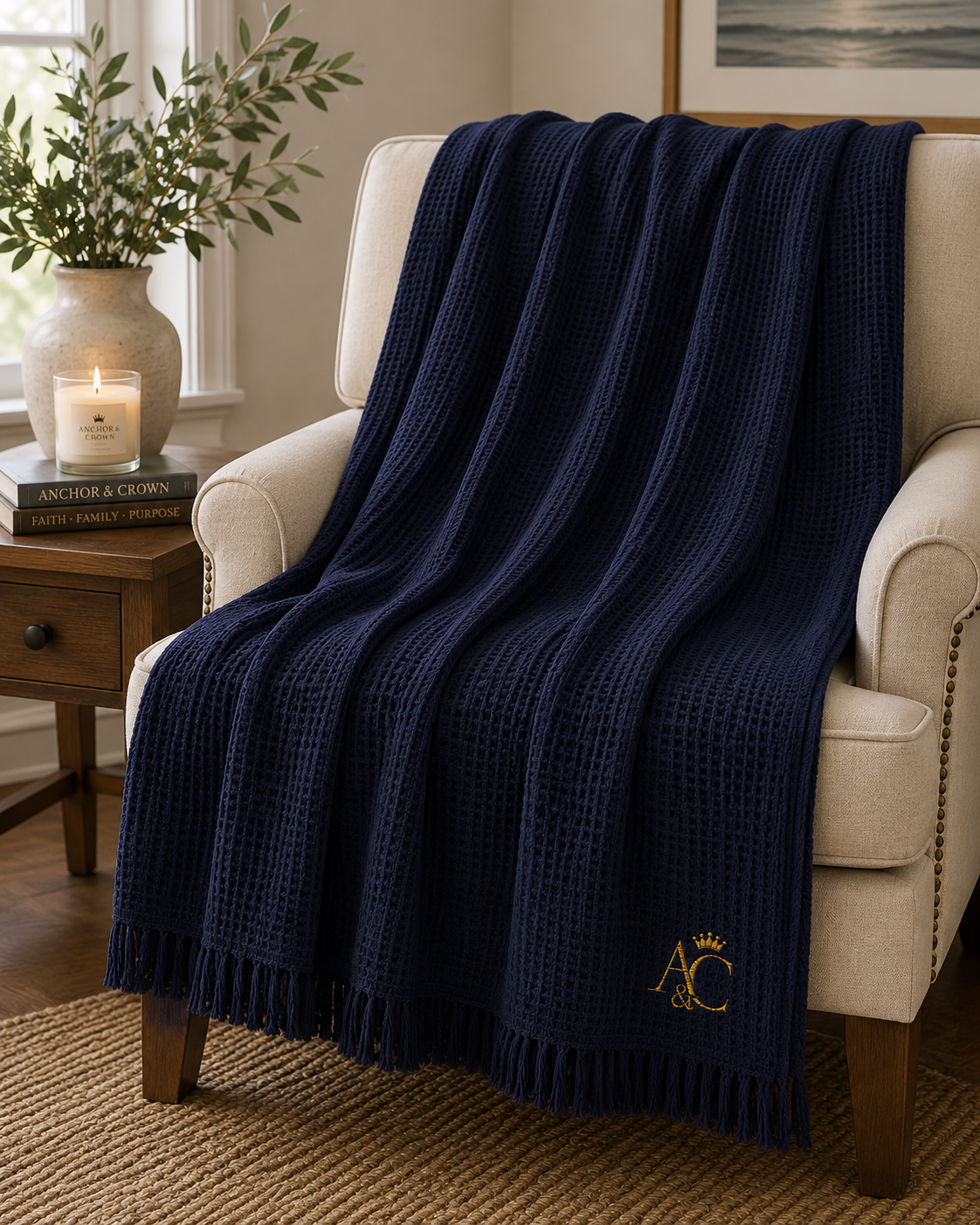 A&C Signature Cotton Waffle Throw — Embroidered 100% Cotton Fringe Blanket