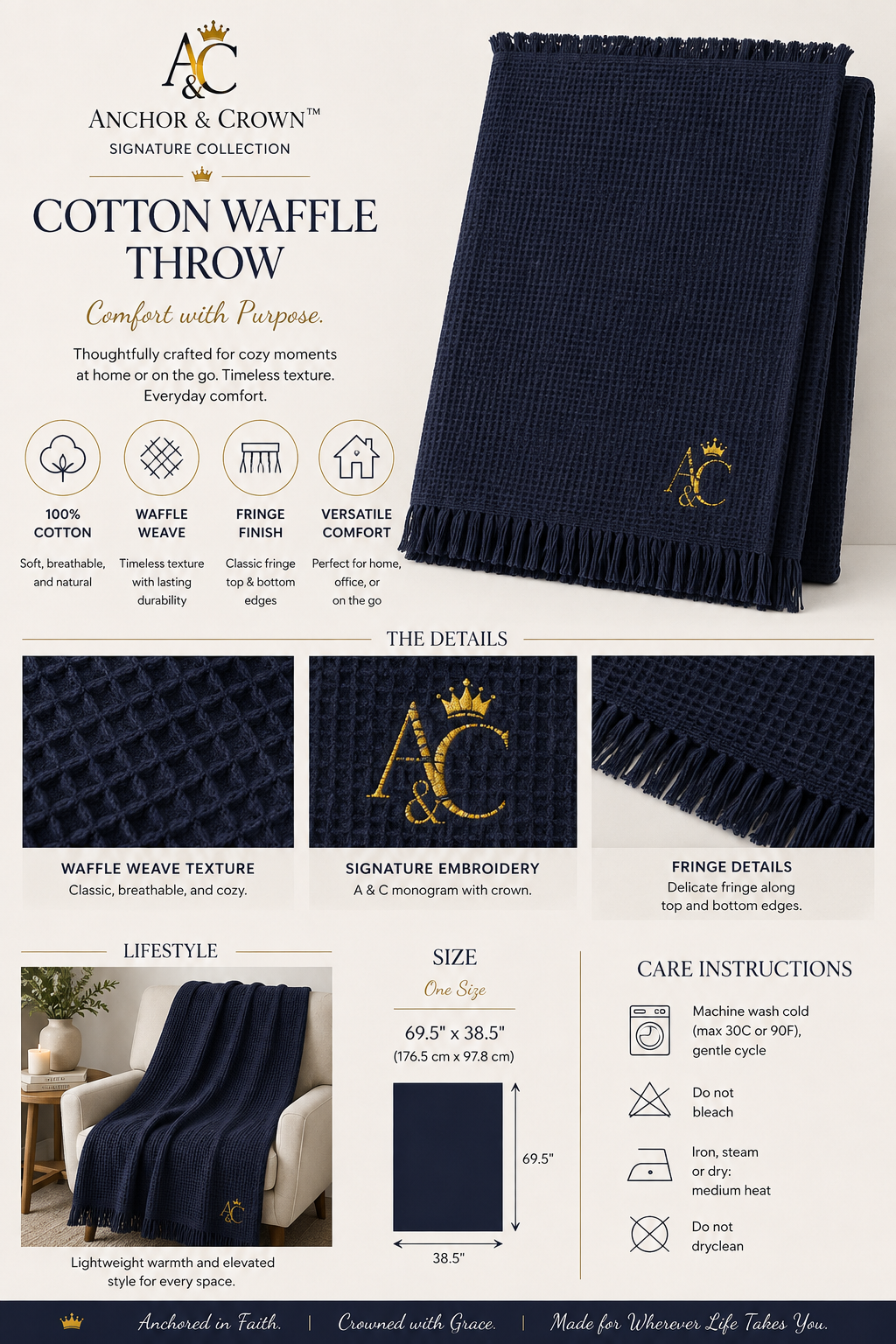 A&C Signature Cotton Waffle Throw — Embroidered 100% Cotton Fringe Blanket