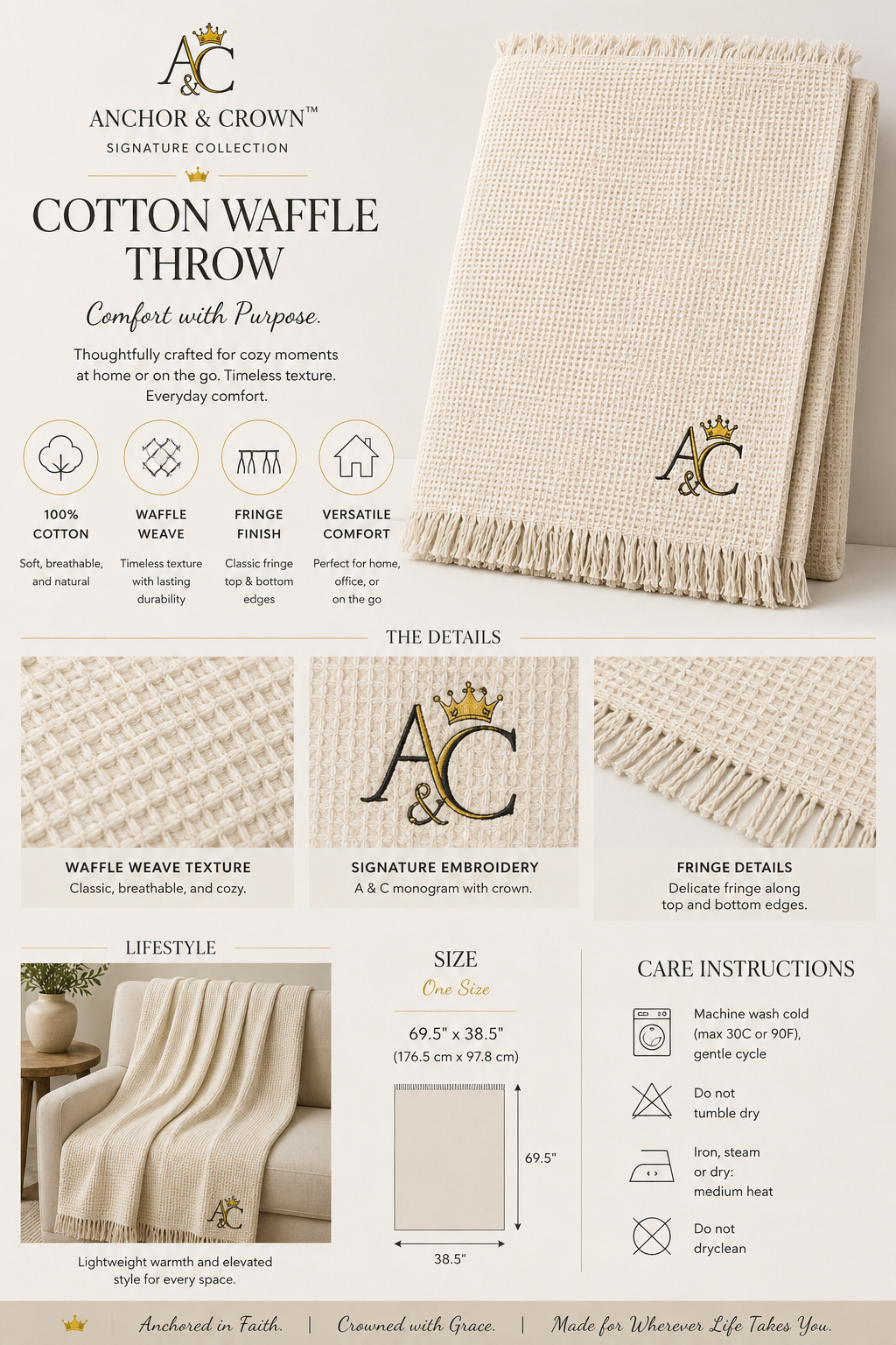 A&C Signature Cotton Waffle Throw — Embroidered 100% Cotton Fringe Blanket