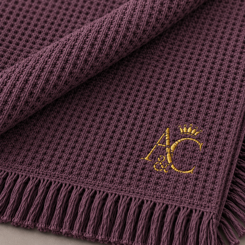 A&C Signature Cotton Waffle Throw — Embroidered 100% Cotton Fringe Blanket