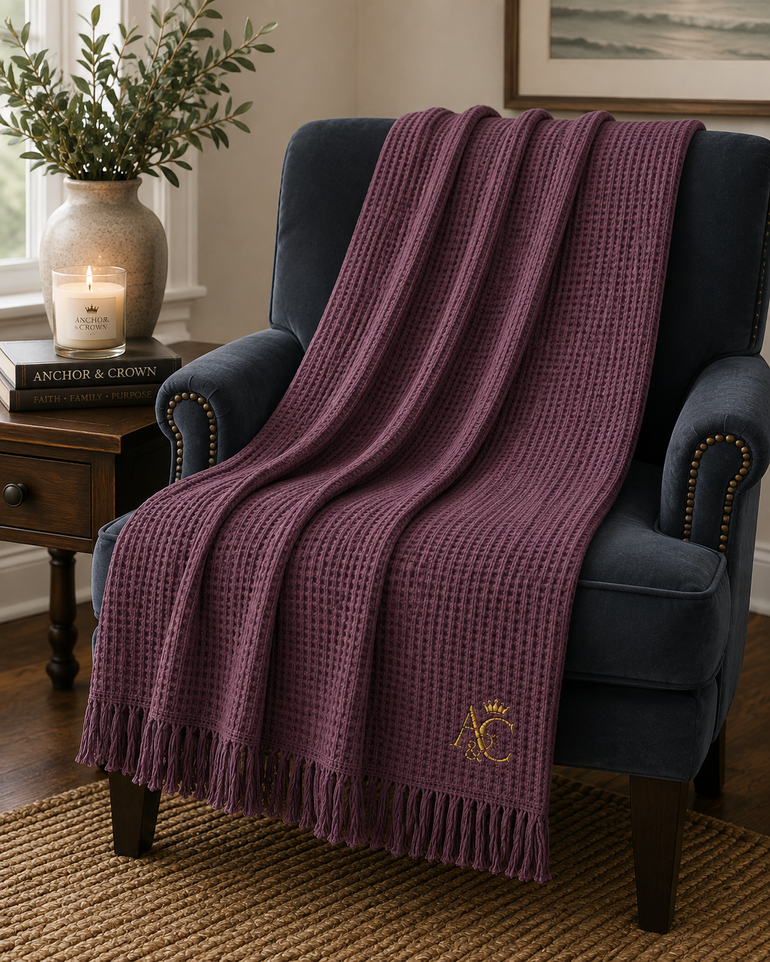 A&C Signature Cotton Waffle Throw — Embroidered 100% Cotton Fringe Blanket
