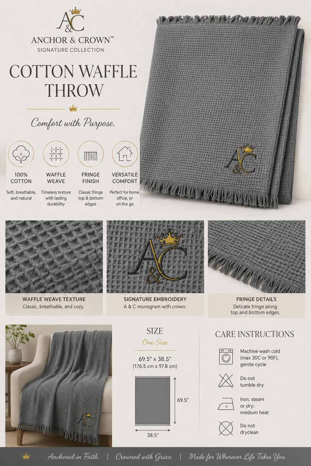 A&C Signature Cotton Waffle Throw — Embroidered 100% Cotton Fringe Blanket