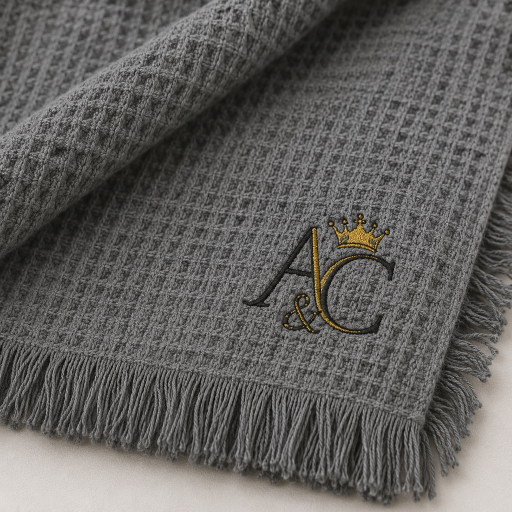 A&C Signature Cotton Waffle Throw — Embroidered 100% Cotton Fringe Blanket